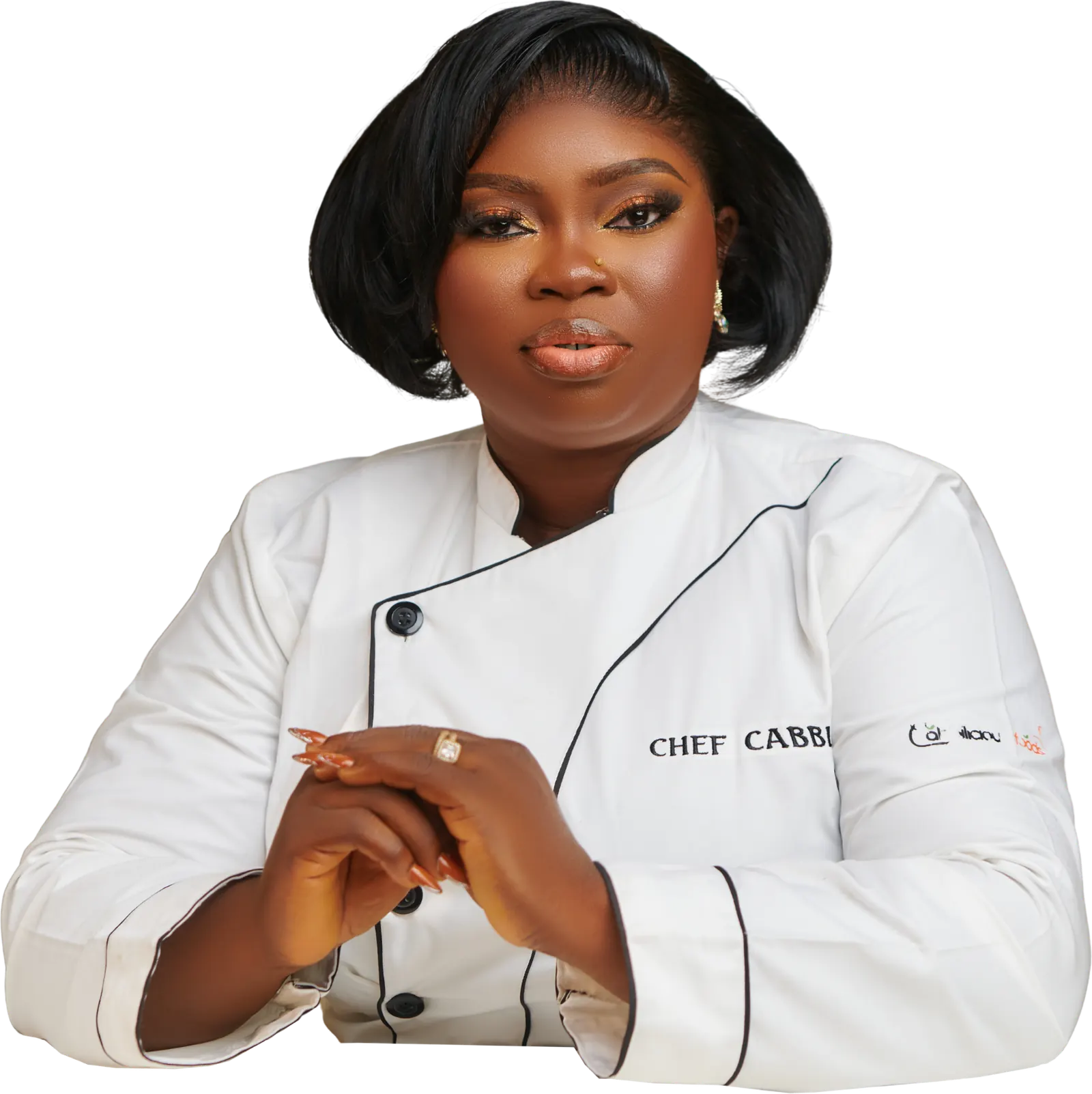 Blessing Bashorun, Chef Cabbi, in chef's whites with her hands clasped
