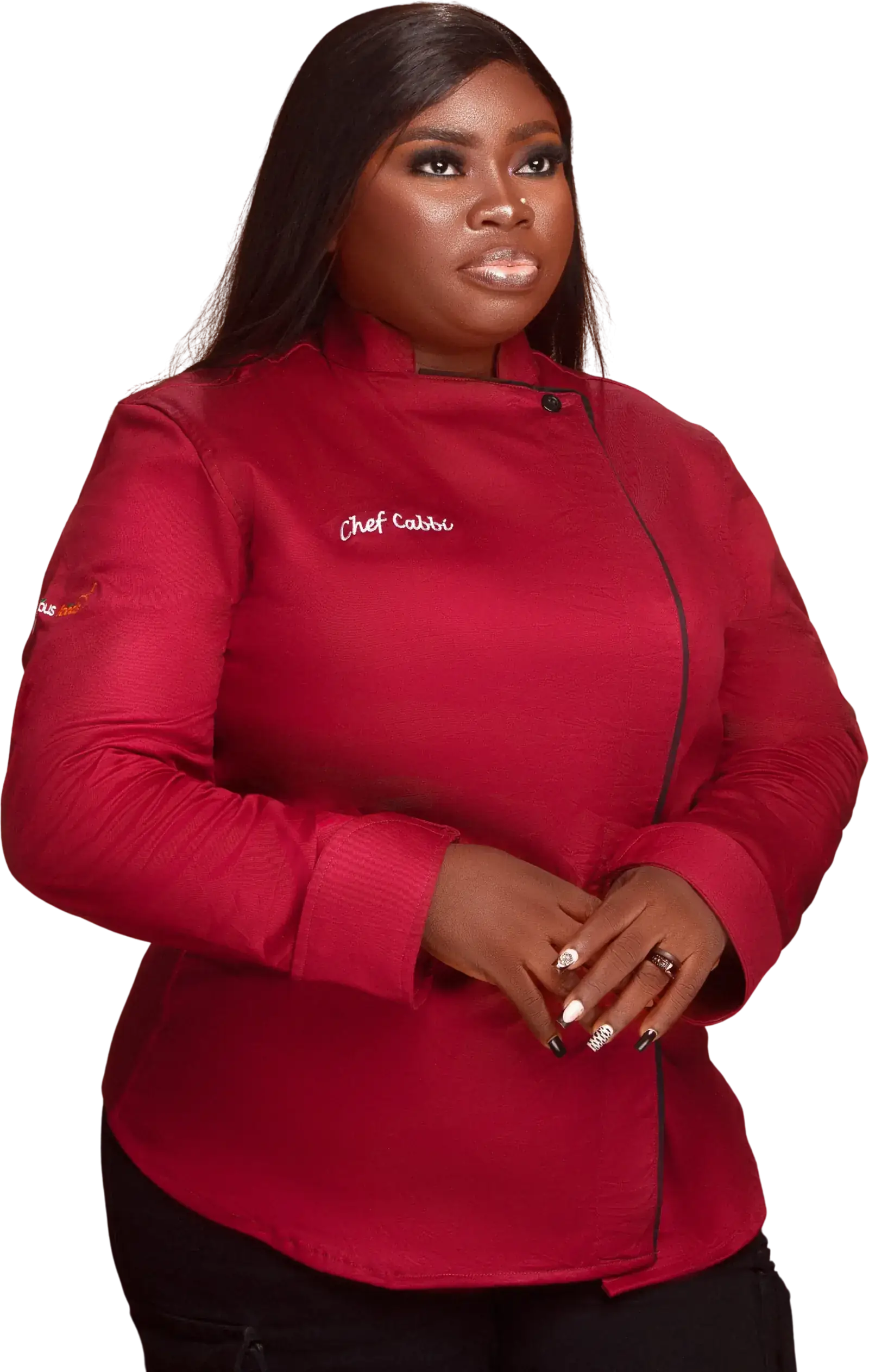 Blessing Bashorun in a red Chef Cabbi jacket, hands clasped